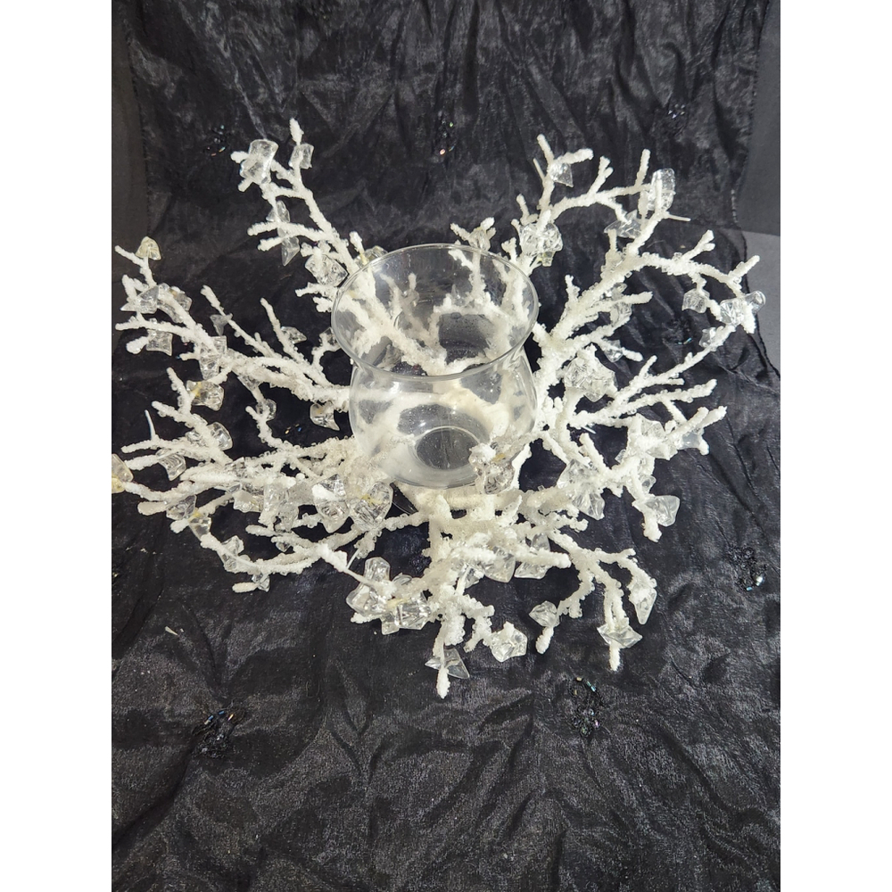 Vintage  Table Centerpiece, white Branches,faux Crystals, candle holder,